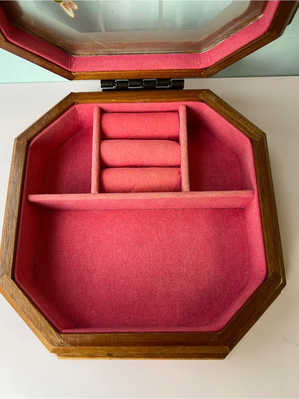 Vintage Mele Octagonal Wooden Jewelry Box Stained Glass Floral Top 1980s - Picture 4 of 10